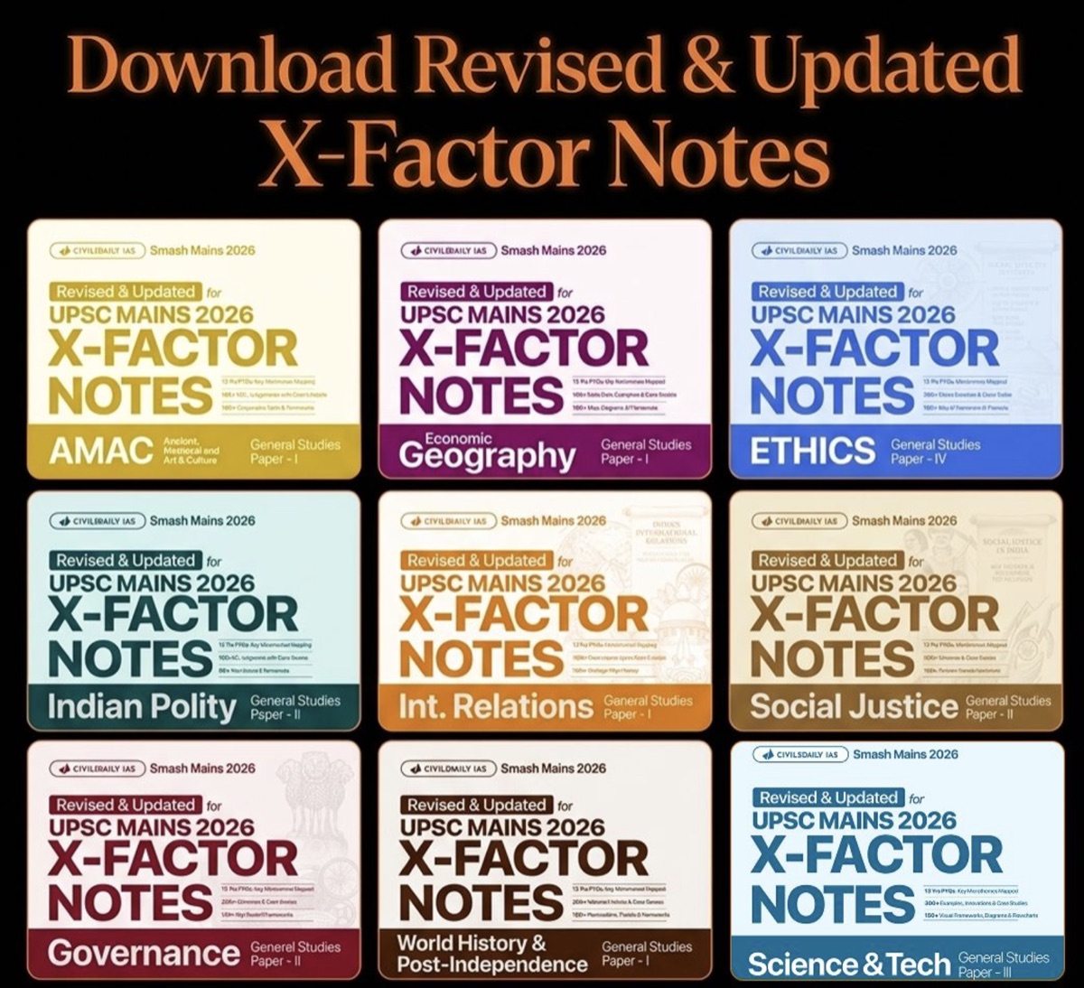 Revised and updated X-Factor Notes for UPSC Mains 2026: nine subject booklets